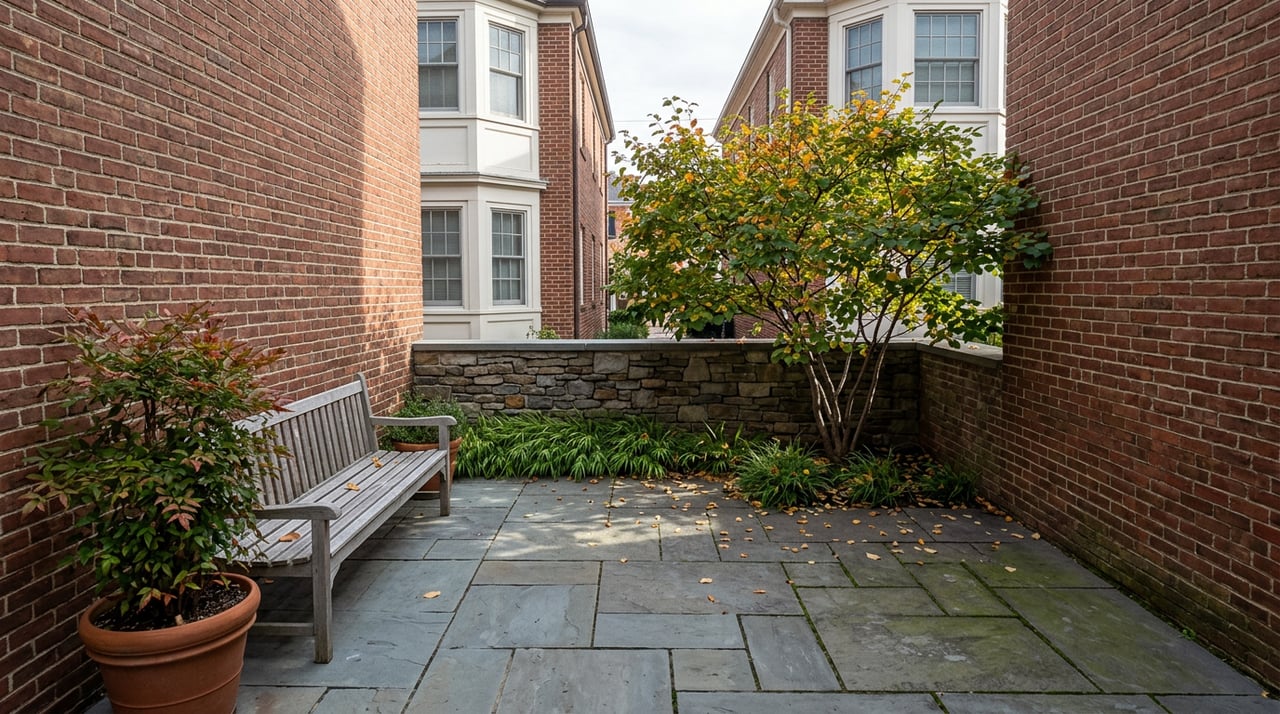 Narrow brick-walled rowhouse yard with bluestone paving, a weathered bench, and a small tree by the garden wall.