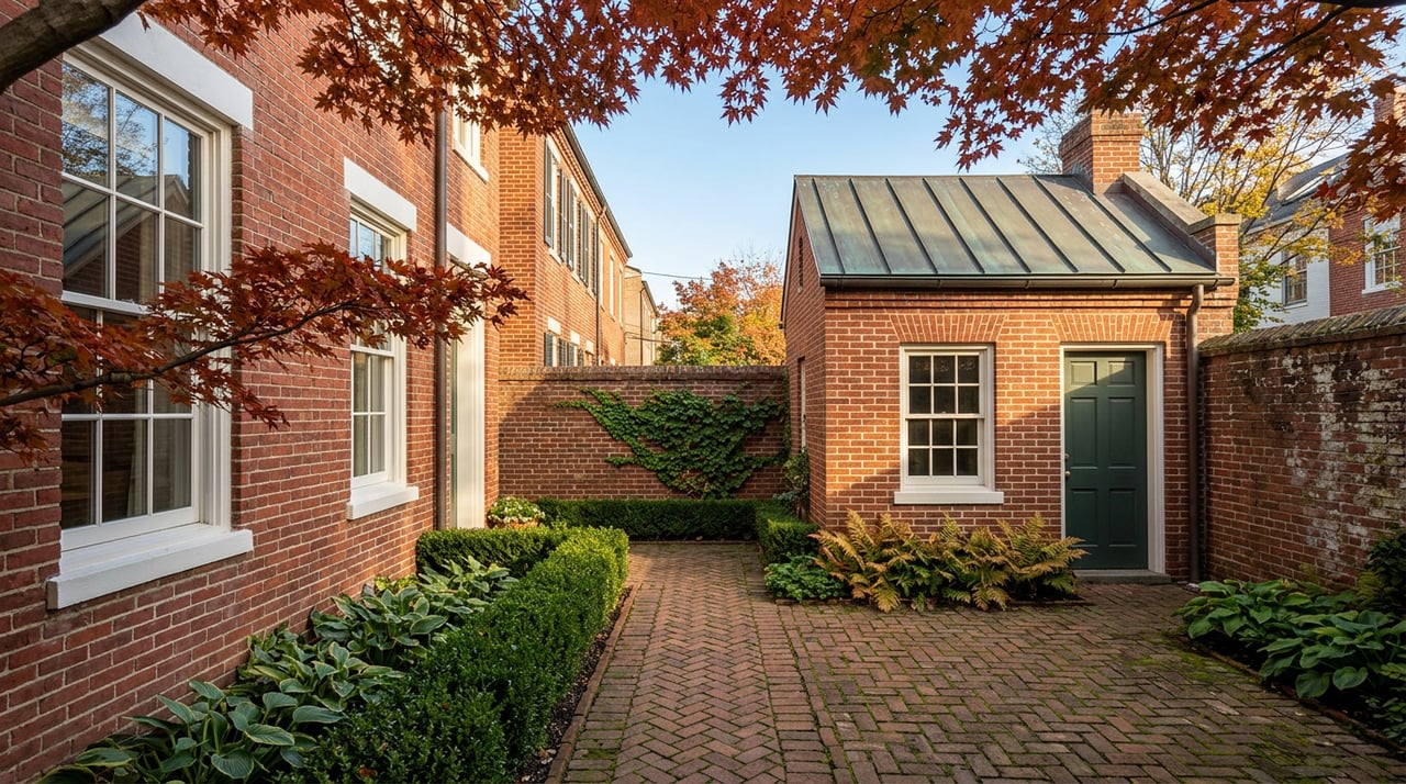 Brick rowhouse garden with a herringbone path, red-orange Japanese maple, and a small brick structure with a green door.
