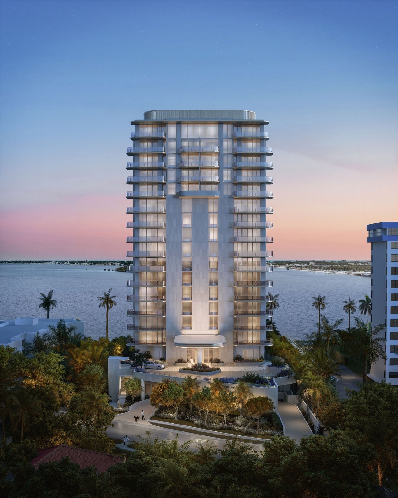 Rendering of tower exterior at dusk at Maison d’Or in West Palm Beach.