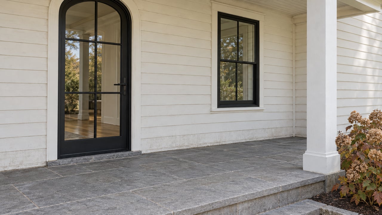 Close view of an off-white clapboard home's covered porch, black arched glass entry, gray limestone steps and russet oakleaf hydrangea.