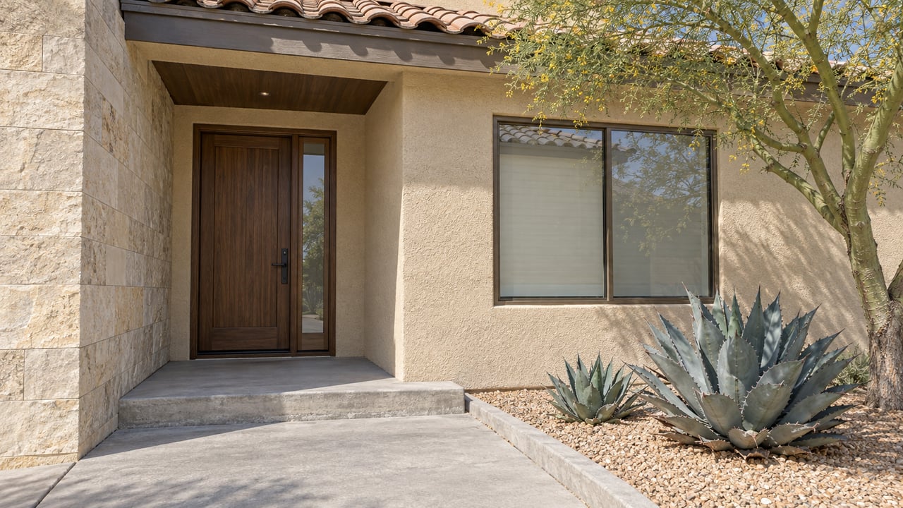 Sunlit stucco home entry with a terracotta tile roof, recessed wood-toned door, limestone wall and two sculptural agaves beside a concrete approach.