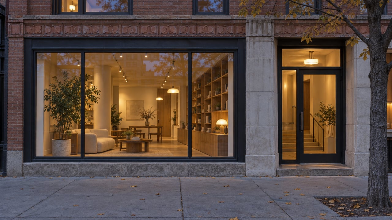 Brick storefront with dark-framed glazing, warm-lit interior, recessed glass entry, and an elm tree at the sidewalk.
