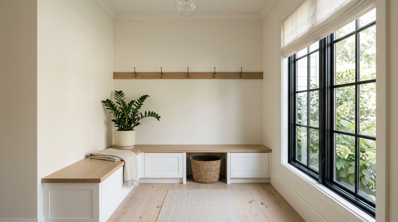 Mudroom bench with brass hooks, folded linen throw, potted plant, and divided-lite window.