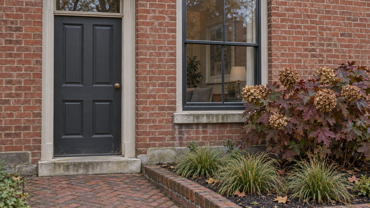 Charcoal-painted front door and tall sash window in a weathered red-brick facade, beside a small burgundy oakleaf hydrangea garden.