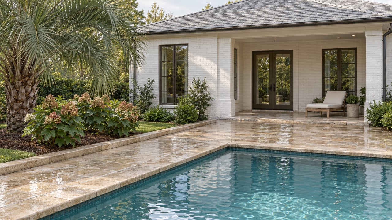 Pale brick home with a sheltered terrace, limestone pool coping, a silver-green palm, and a small garden after rain.