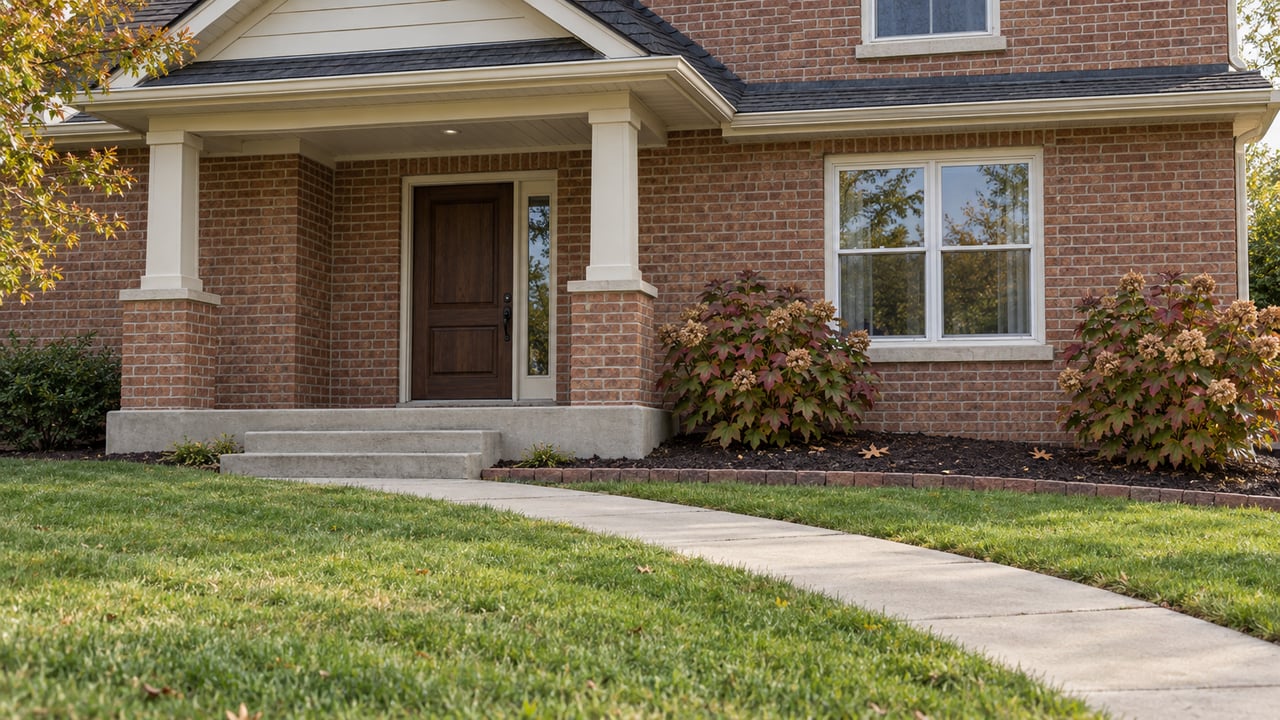 Brick home with a cream porch gable, paired porch posts, concrete steps and an autumn lawn.