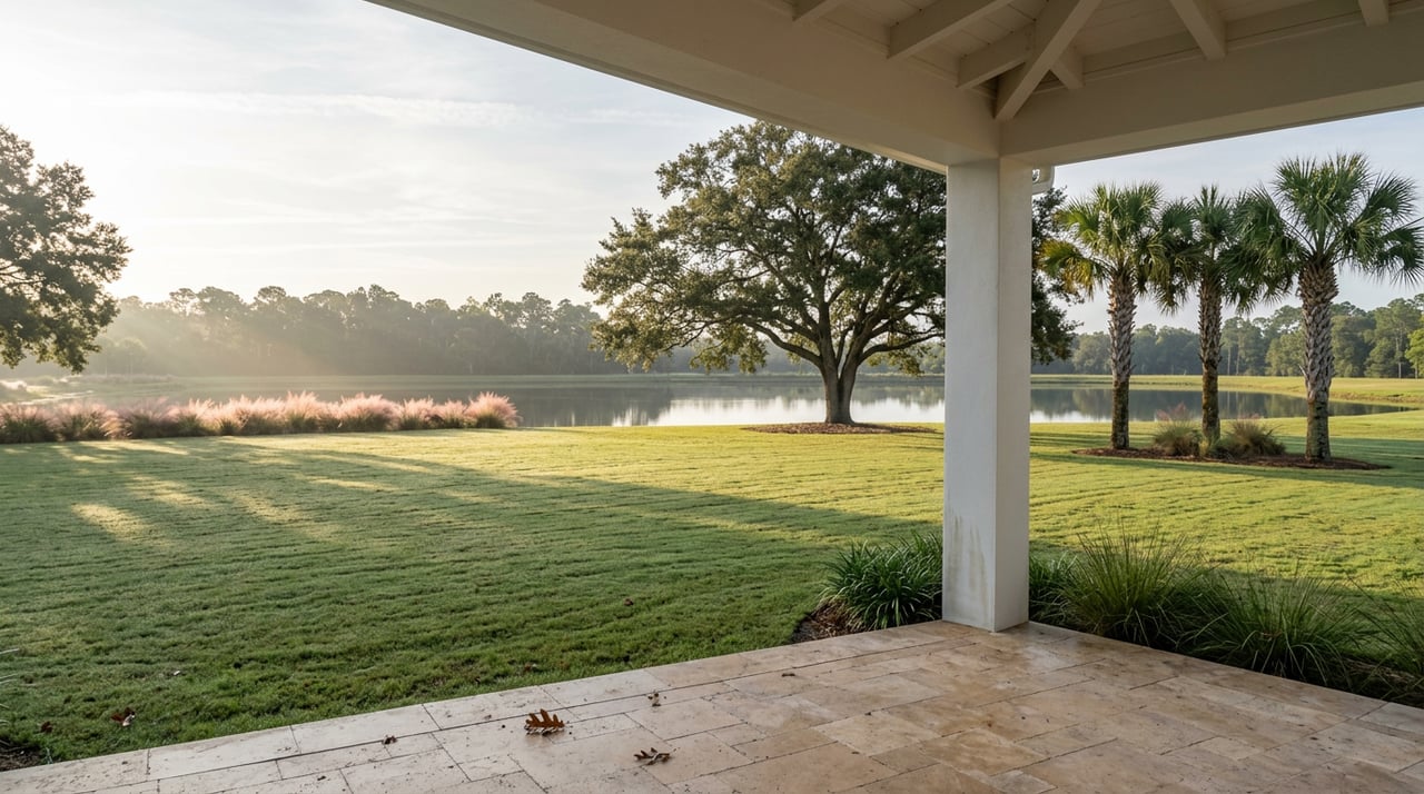 Covered patio overlooking a broad lawn, still water, and a tree-lined horizon in early morning light.