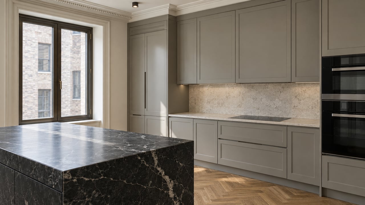 Renovated apartment kitchen with warm-gray cabinets, black marble island, oak parquet, and a closed courtyard window.