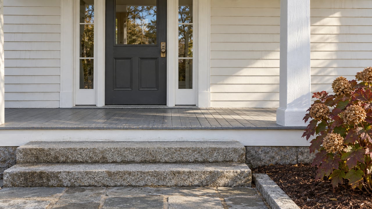 Sunlit clapboard porch with a charcoal door, paired sidelights, granite steps and an oakleaf hydrangea with autumn foliage.