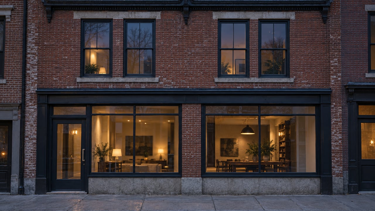 Red-brick townhouse with paired upper sash windows and warm light glowing through ground-floor storefront windows.