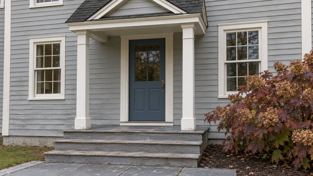 Gray clapboard home with a small covered entry, blue door, weathered wooden steps and autumn oakleaf hydrangea beside a bluestone landing.