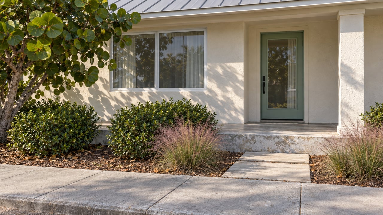 Ivory stucco coastal home with a sea-glass-green door, rounded shrubs, and a concrete sidewalk.