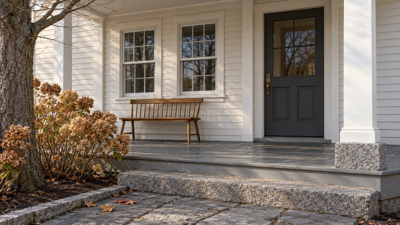 An off-white clapboard home's covered porch with a charcoal door, weathered wooden bench, and granite steps beside dried hydrangea flowers.