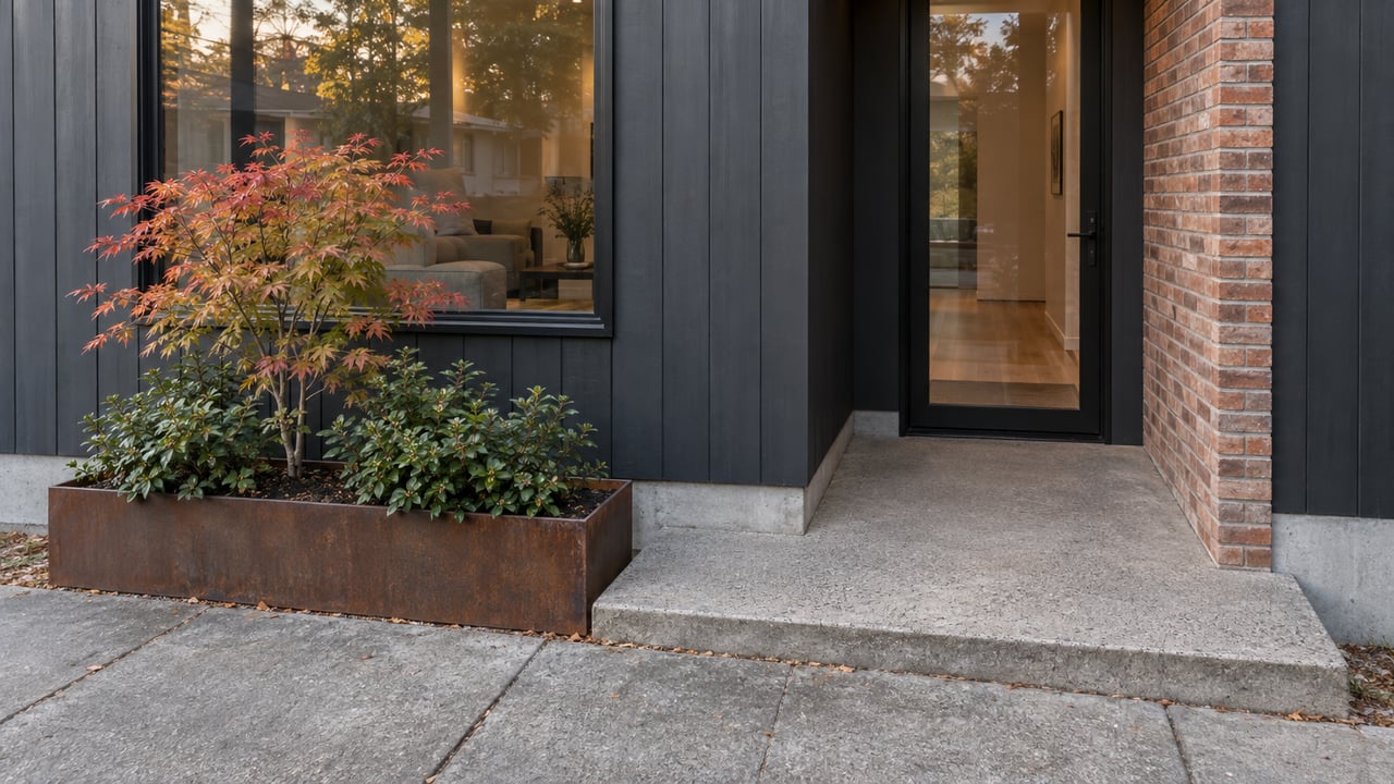 Charcoal-clad townhouse entry with a glazed black door, brick recess, and a steel planter beside the sidewalk.
