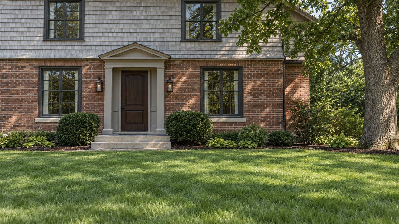 Two-story brick-and-cedar house with a paneled front door, clipped shrubs, and a broad green lawn.