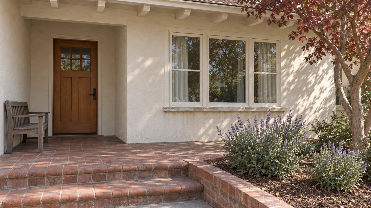 Cream stucco home entry with a glazed wood door, shaded brick porch, timber bench and autumn planting.