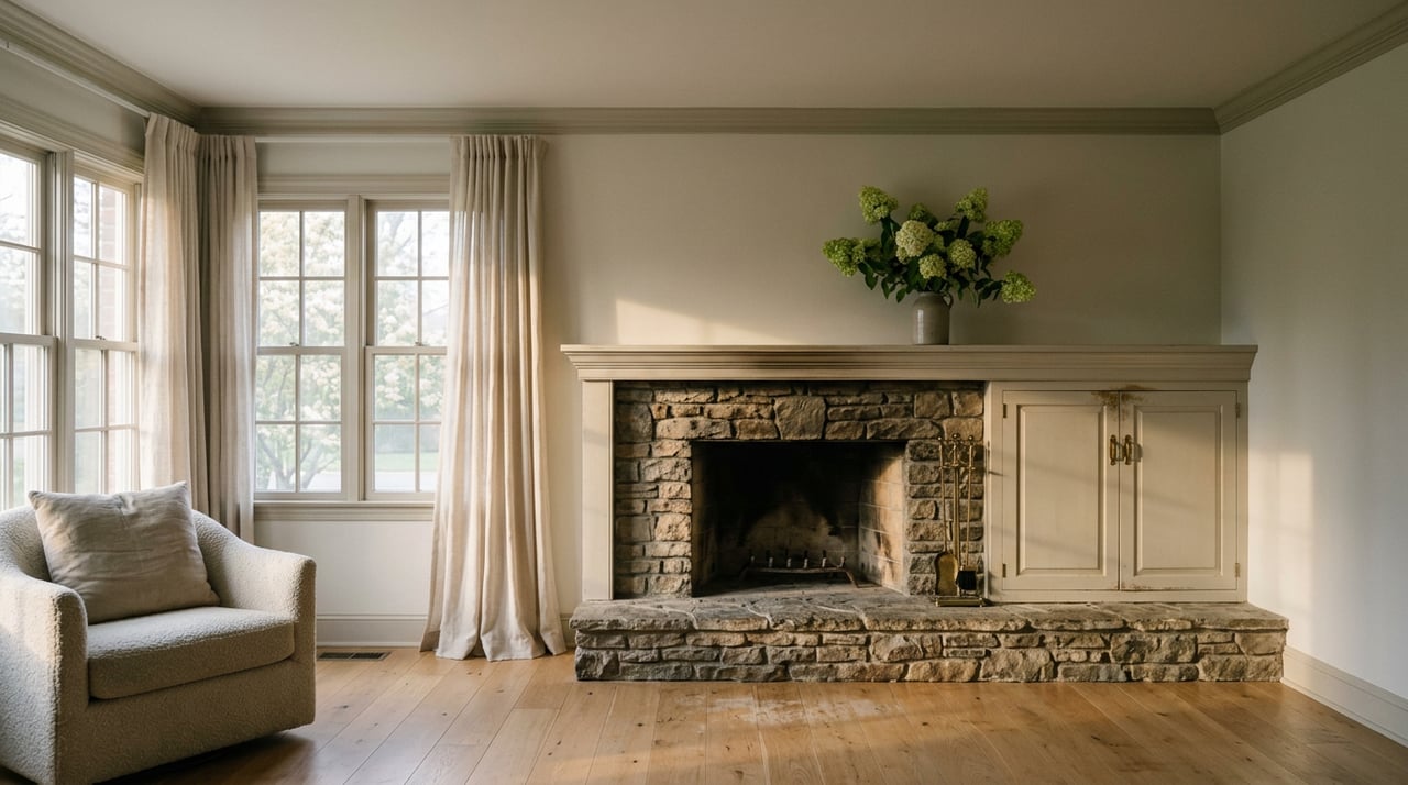 Stone fireplace with hydrangeas on the mantel, beside a window bench and sunlit oak floors.