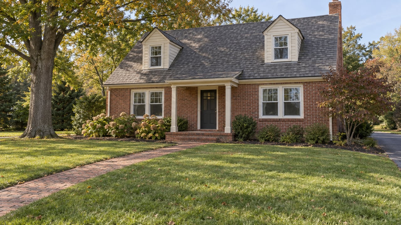 Brick home with cream dormers and a covered entry porch beyond a deep green lawn and diagonal brick walk, framed by early autumn oak and dogwood foliage.