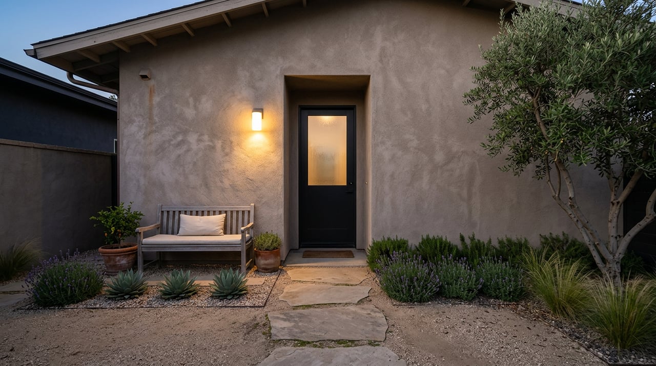 Stucco side-entry alcove with a glowing sconce, teak bench, flagstone path, and Mediterranean plantings.