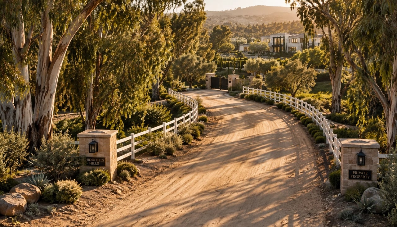 Private Hidden Hills entrance with a tree-lined dirt drive and white ranch fencing.