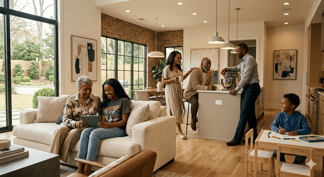 A multigenerational African-American family thrives in a sun-drenched luxury home, beautifully illustrating the balance of support, connectivity, and independence across generations