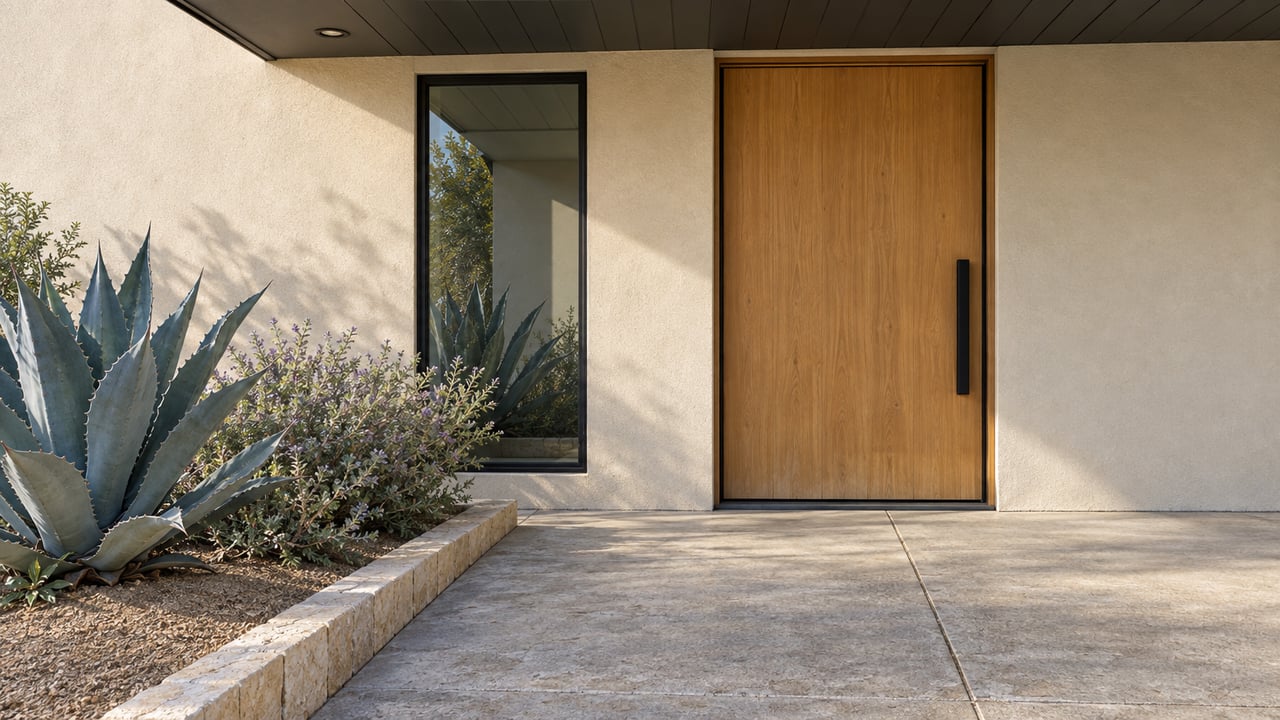 Sand-cream stucco entry with a honey-oak door, black-framed window, and agave in a gravel bed.