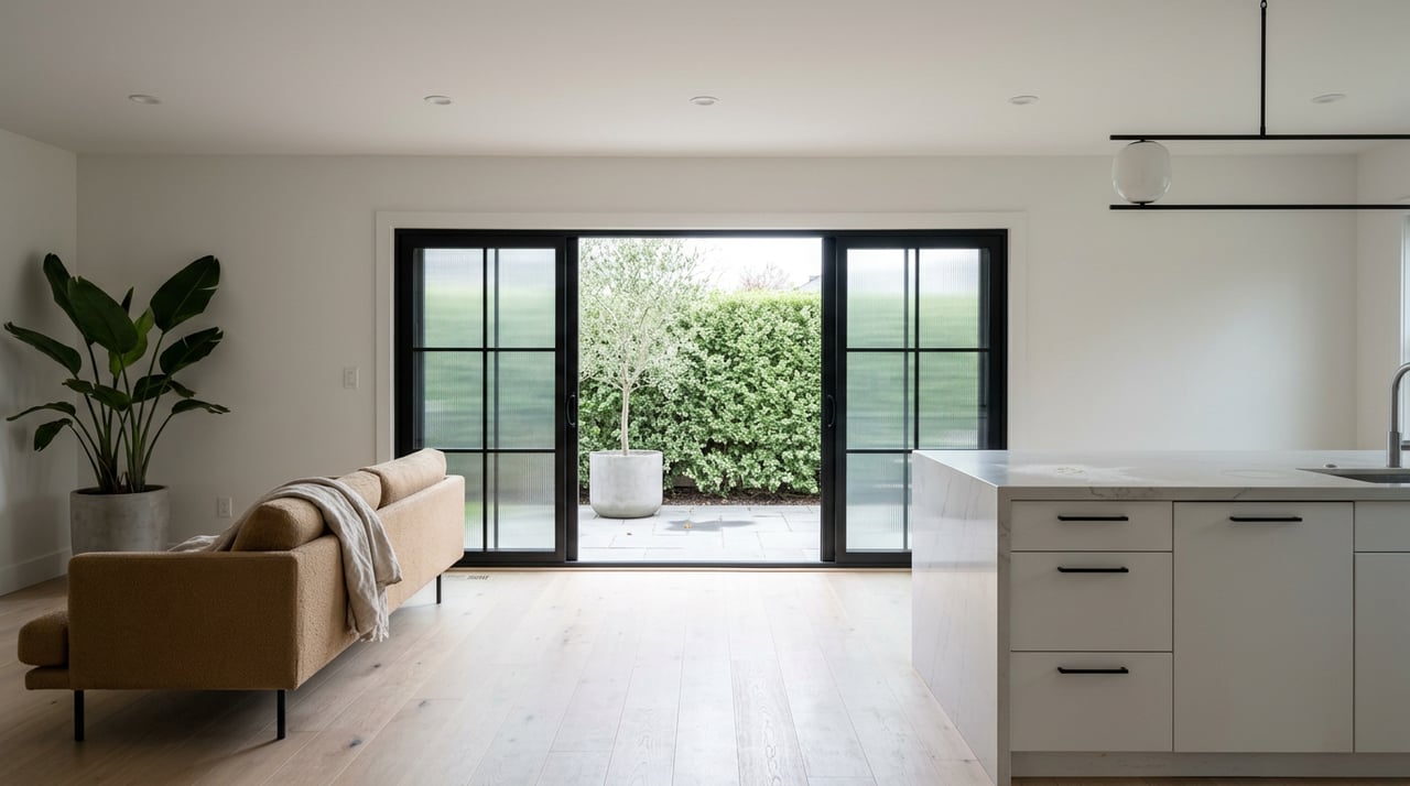 Great room with white kitchen, camel sofa, and black-framed sliding door opening onto a planted patio.
