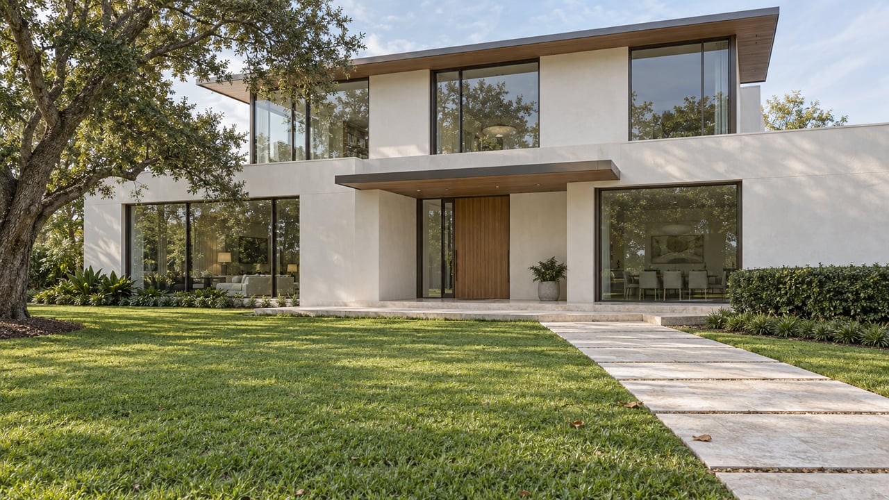 Contemporary white stucco estate with bronze-framed windows, a limestone entry approach, broad lawn and a mature spreading oak.
