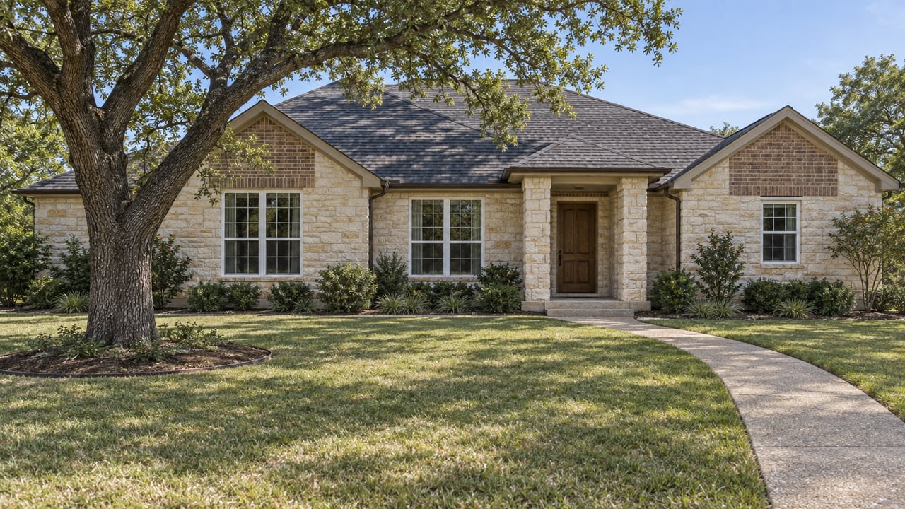 Single-story limestone and brick home behind a deep lawn, with a mature spreading oak and a curved concrete entry walk.