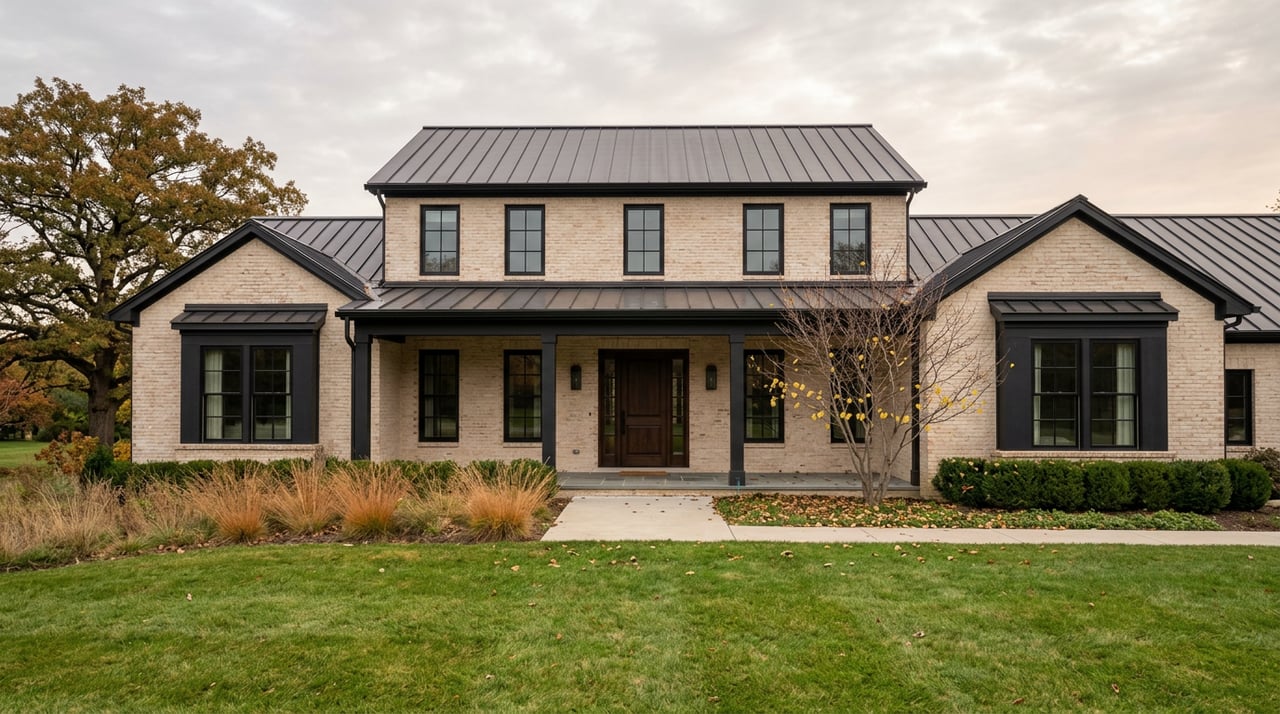 Symmetrical two-story limewashed brick home with a dark metal roof, covered porch, meadow grasses, and a broad oak.
