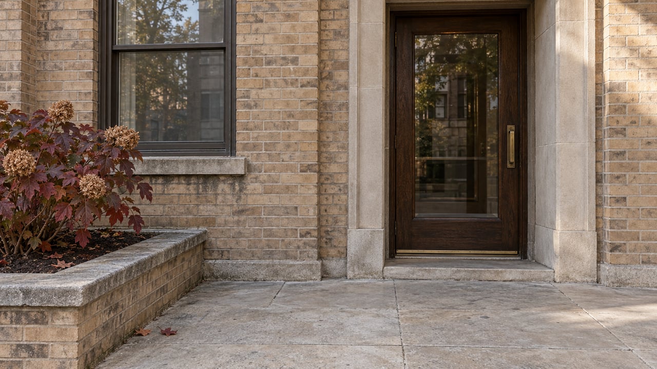 Weathered limestone landing outside a tan brick apartment entrance, with a glazed oak door and burgundy oakleaf hydrangea.