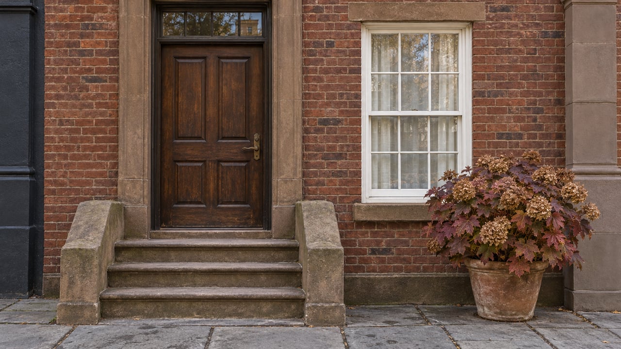 Russet brick townhouse entry with a walnut door, weathered sandstone steps, divided-light window and a potted oakleaf hydrangea in autumn color.