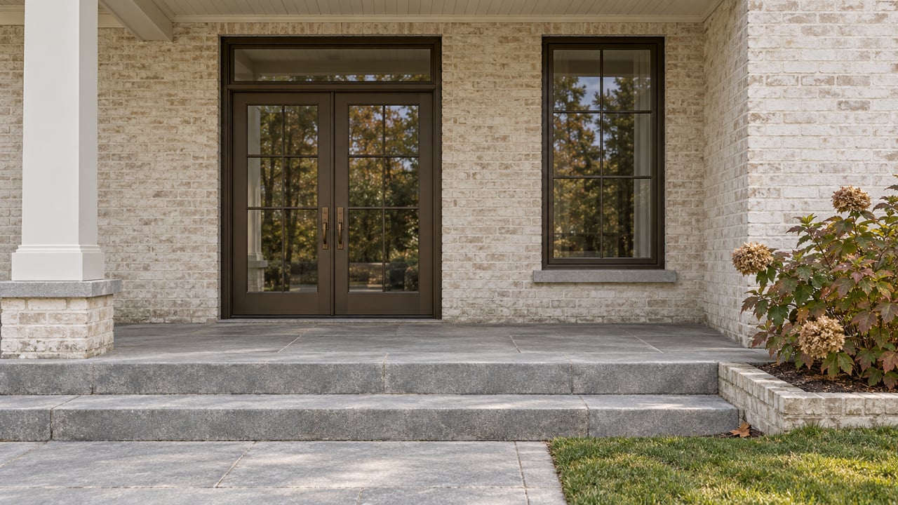 White brick porch with bronze-framed double doors, limestone steps and an oakleaf hydrangea showing early autumn color.