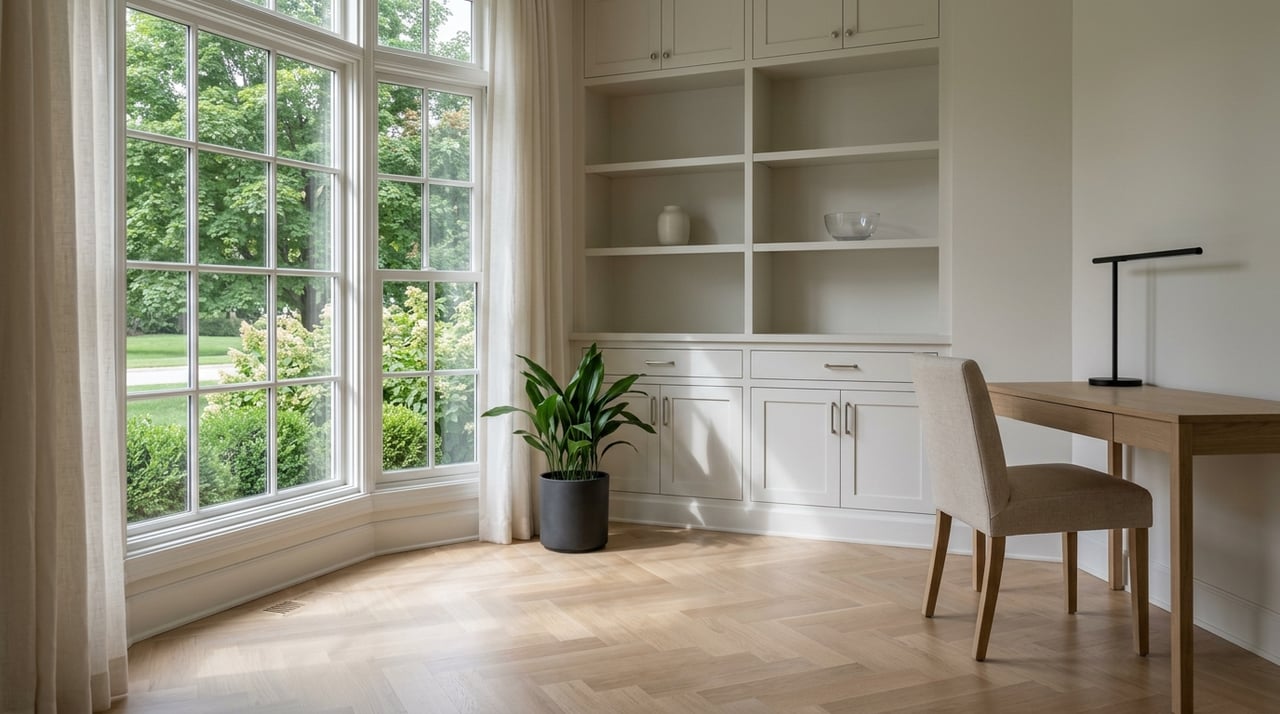 Study with built-in cabinetry and a window bay.