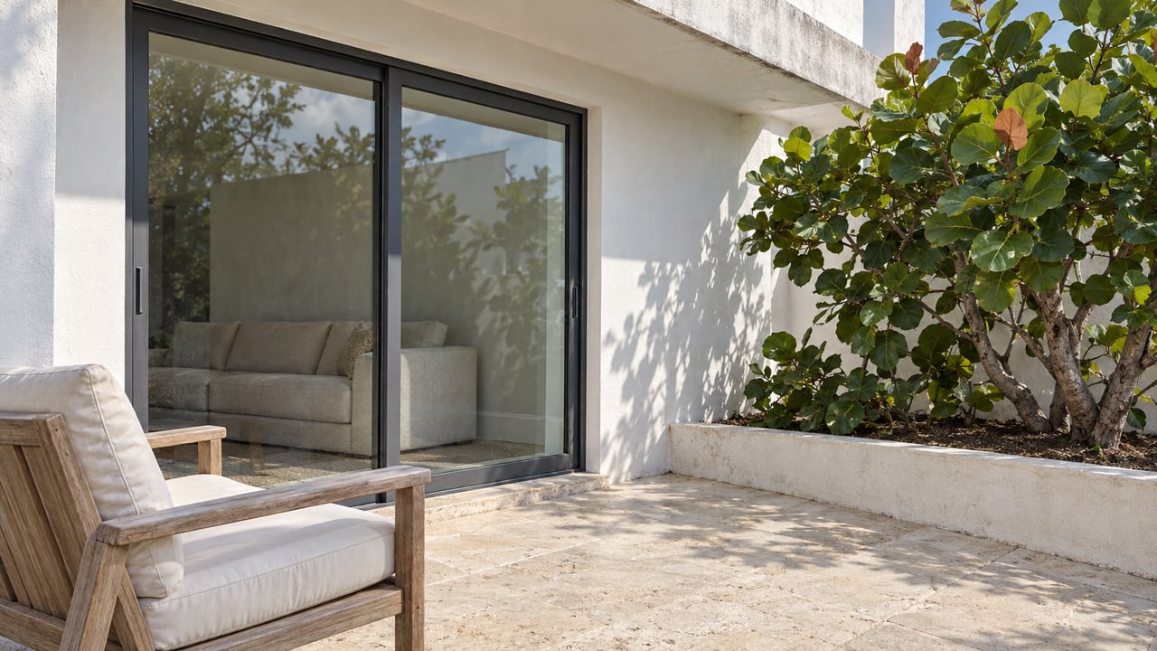 Sunlit white residential terrace with closed sliding glass doors, pale limestone paving, a weathered teak chair and a sea grape tree in a raised bed.