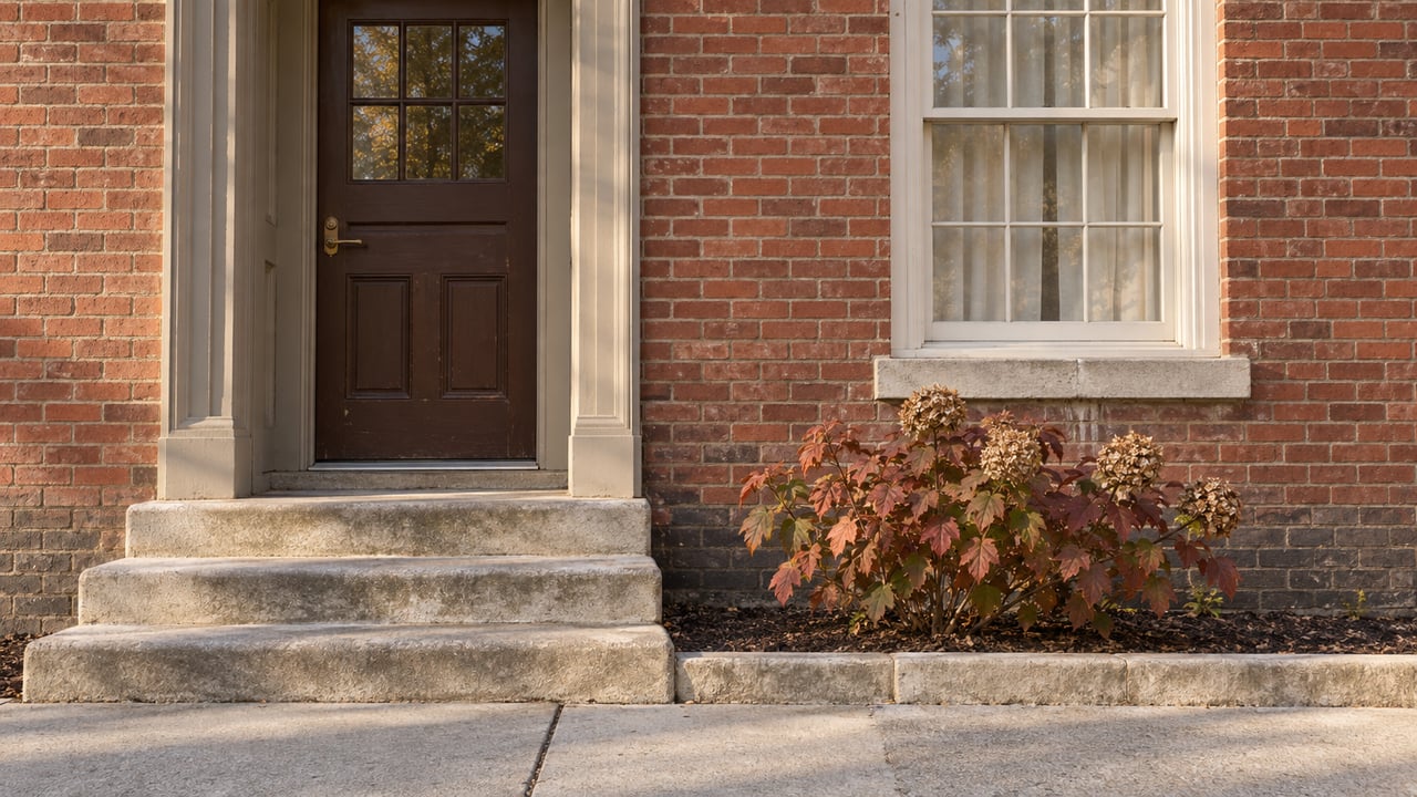 Morning light on a brick home's wood doorway, tall divided-pane window and worn limestone steps beside an autumn oakleaf hydrangea.