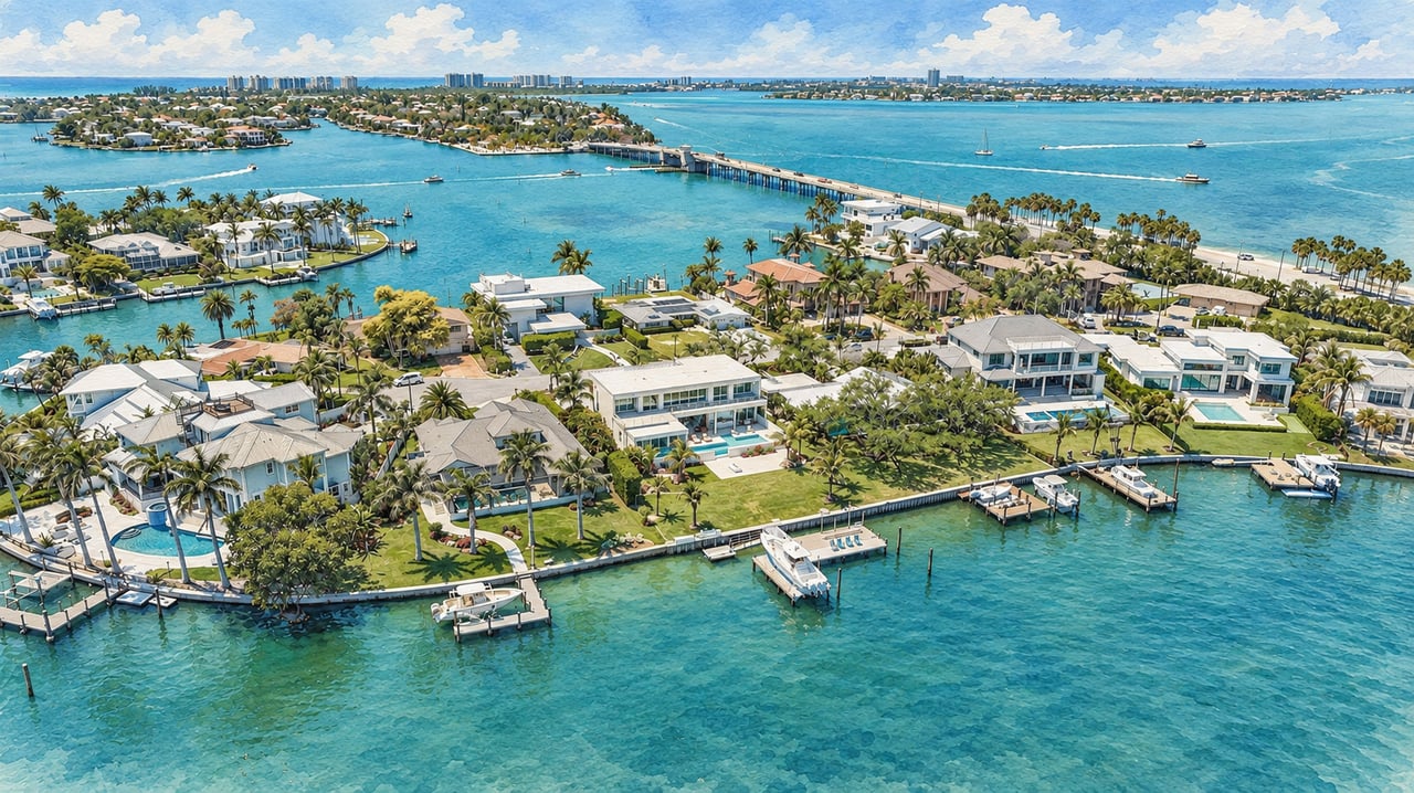 Aerial view of waterfront homes with private docks, boats, and palm-lined canals.
