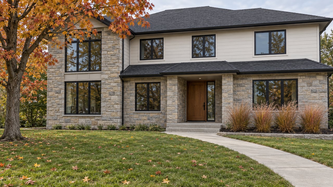 A substantial limestone and off-white home beyond a deep autumn lawn, with an amber sugar maple and a concrete entry walk.