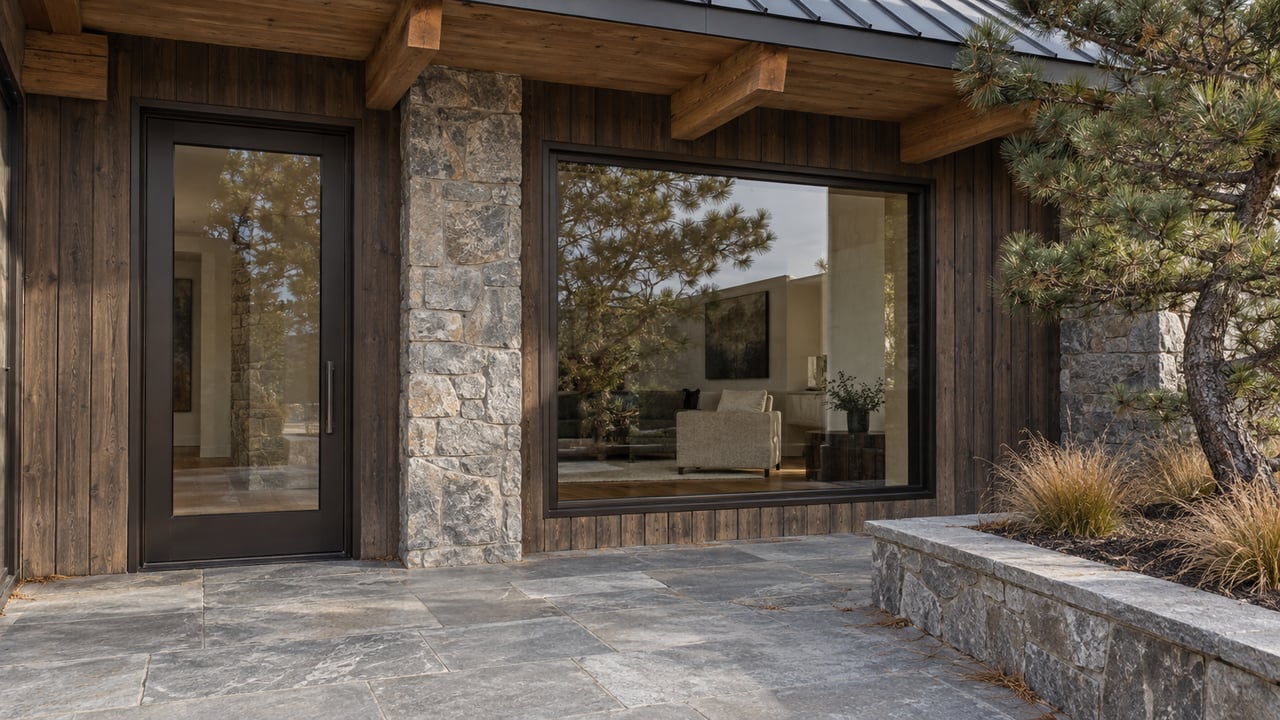 Timber-covered residential entry with gray stone, bronze-framed glazing and a sculptural pine beside a paved terrace.
