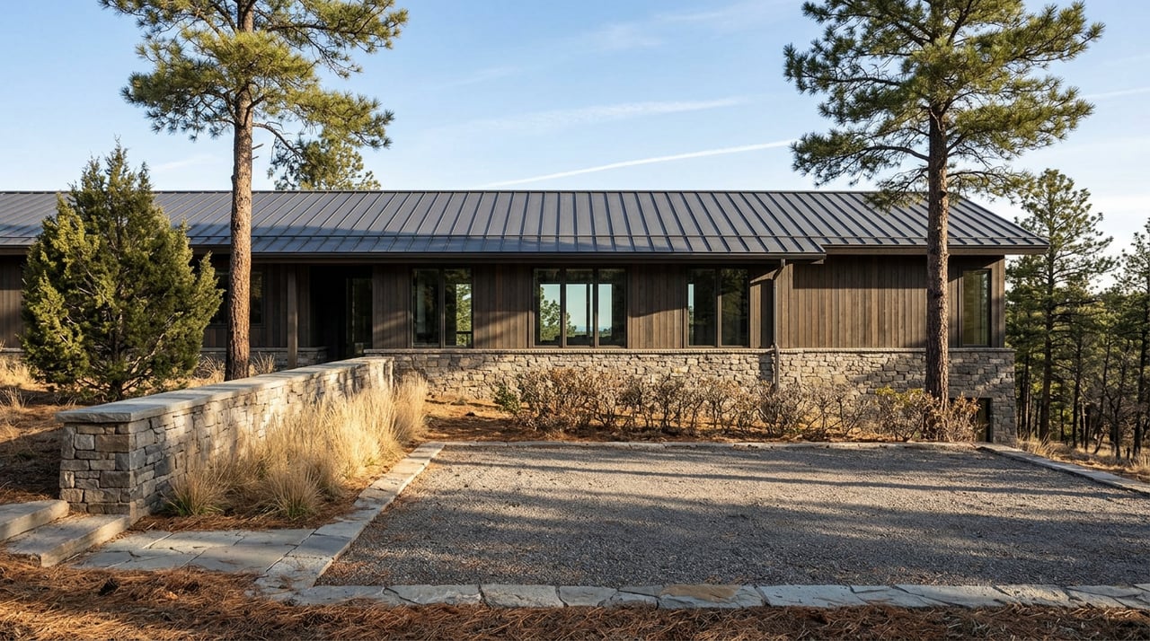 Stone-and-dark-wood mountain home above a gravel motor court, flanked by thinned pines and a stepped stone retaining wall.