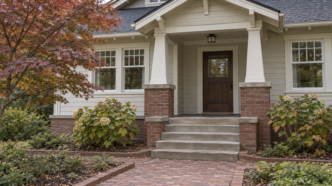 Restored Craftsman bungalow with cream siding, brick porch piers, shallow steps, and a Japanese maple beside the walkway.