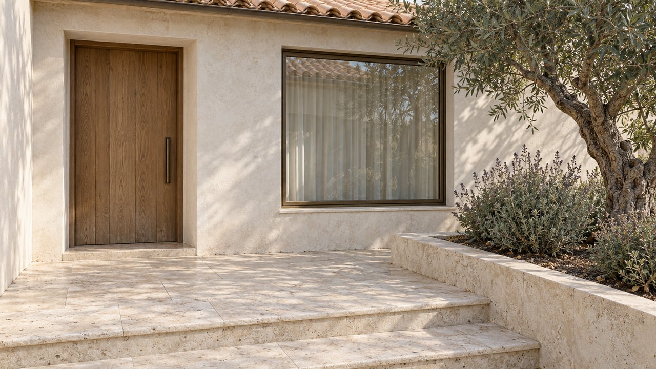 Sunlit limestone entry terrace with an oak door, ivory stucco walls and a sculptural olive tree in a raised stone bed.