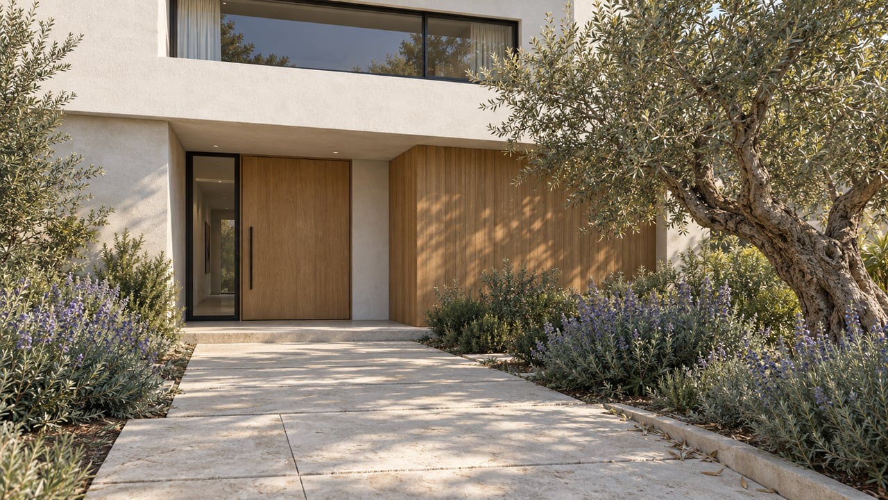 House entry with oak pivot door, glass sidelight, limestone path, and olive tree.