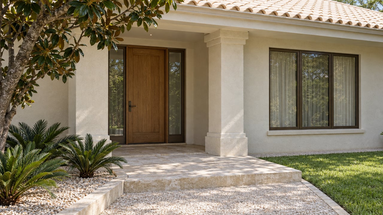 Ivory stucco home entrance with a pale tiled roof, oak door, limestone approach and sculptural native planting.