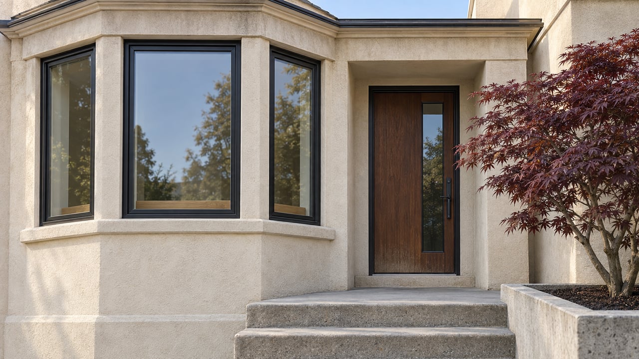 Ivory stucco home with a black-framed projecting bay window, recessed walnut entry, worn concrete steps, and a burgundy Japanese maple.