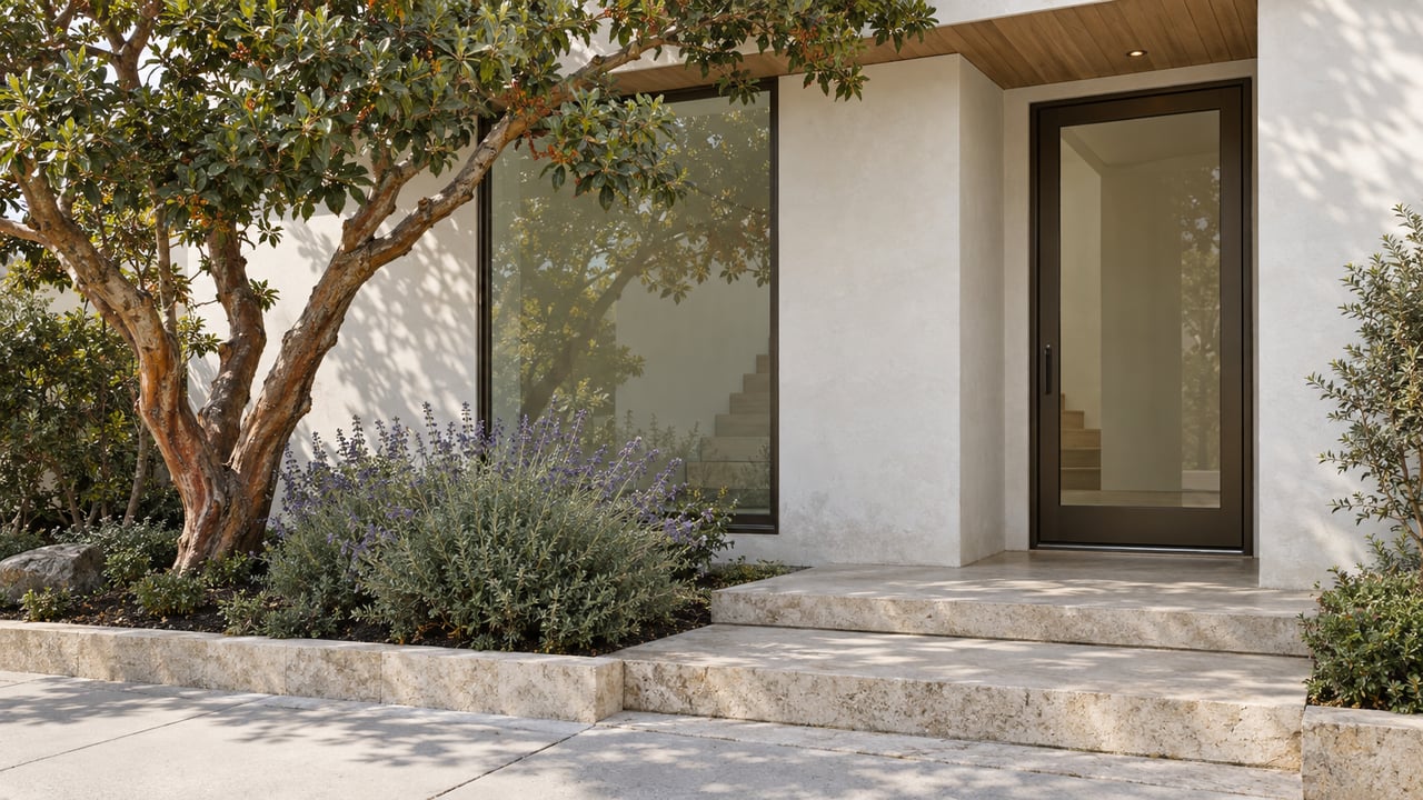Modern stucco home entrance with cedar-lined overhang, limestone pavers, and a pruned tree beside the glazing.
