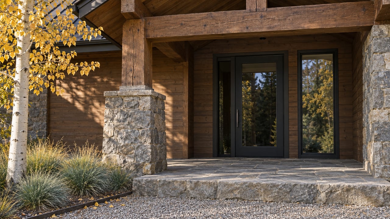 Timber-and-stone home entry with a glazed door, broad stone step and golden aspen leaves in afternoon light.