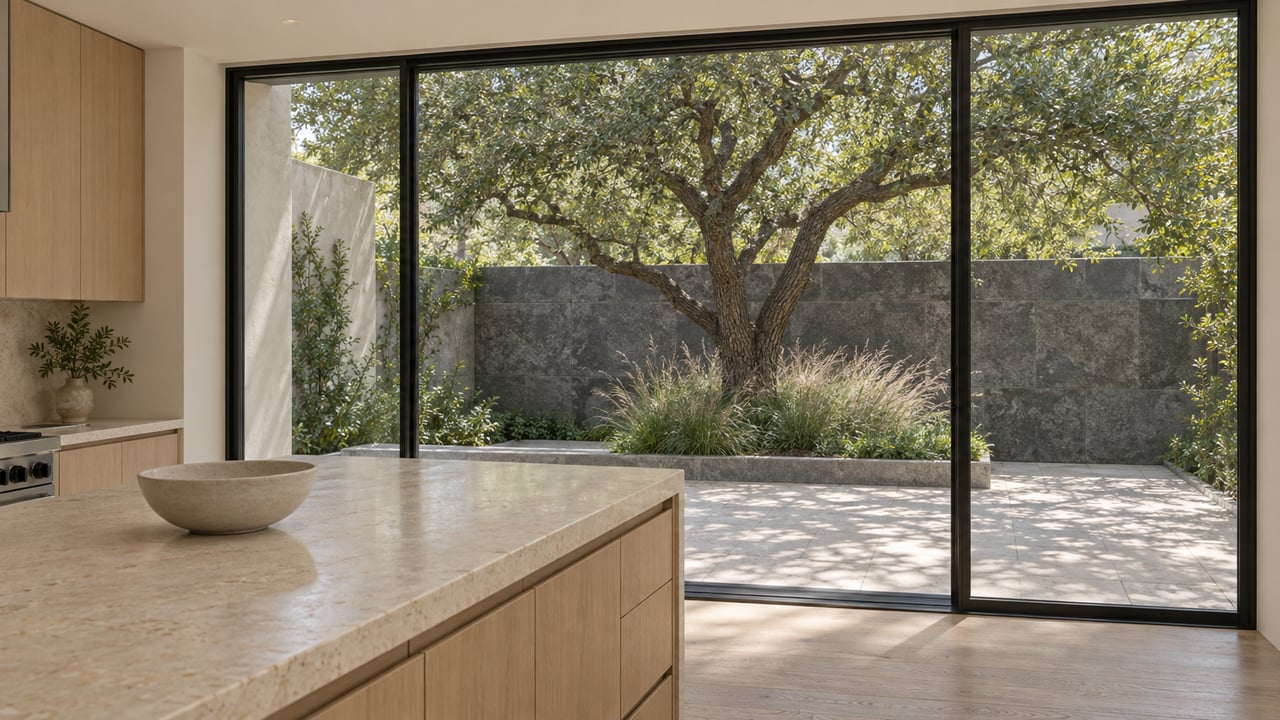 Contemporary kitchen with a limestone island, black-framed glass wall, and live oak shading a walled courtyard.