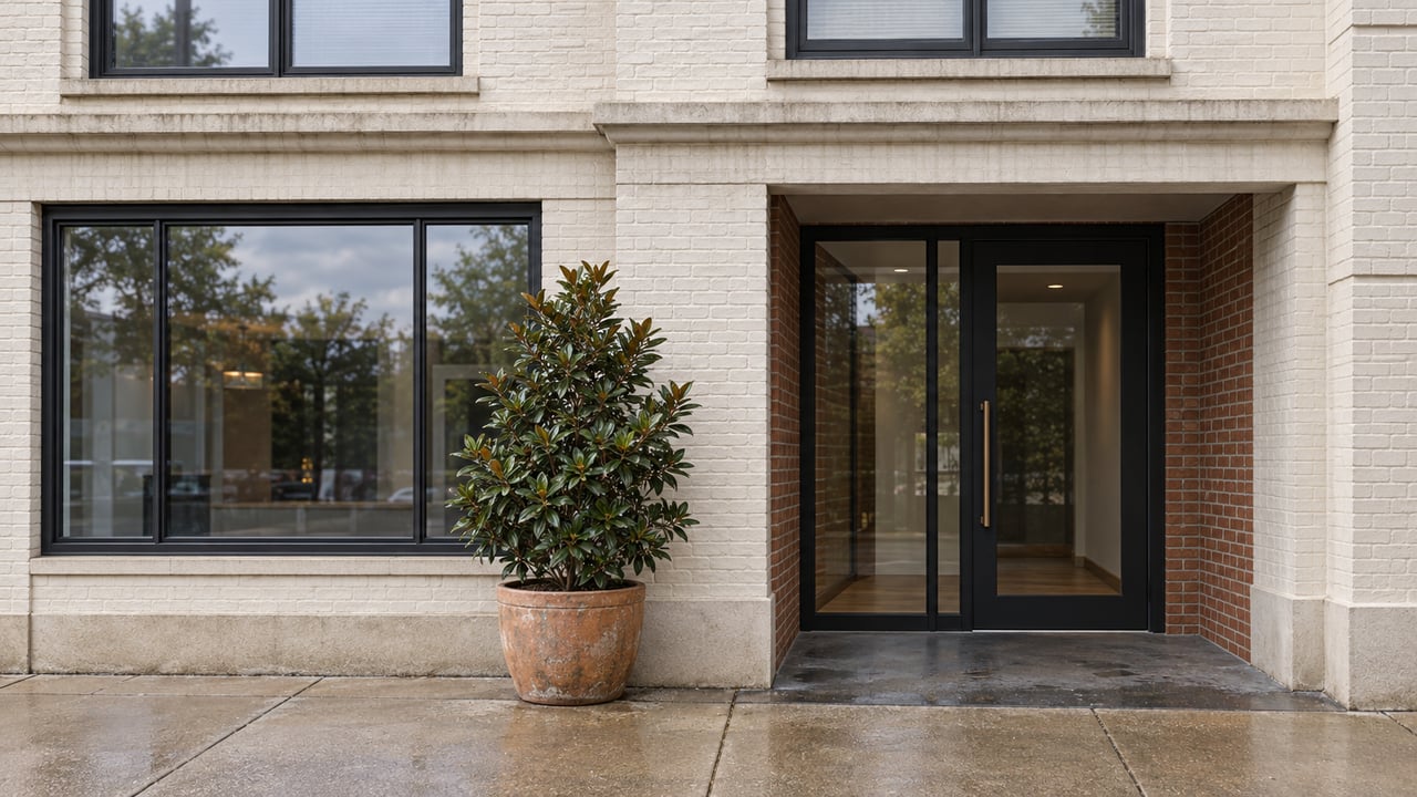 Painted masonry condominium entrance with red-brown brick, black-framed glazing and a potted magnolia beside a rain-darkened sidewalk.