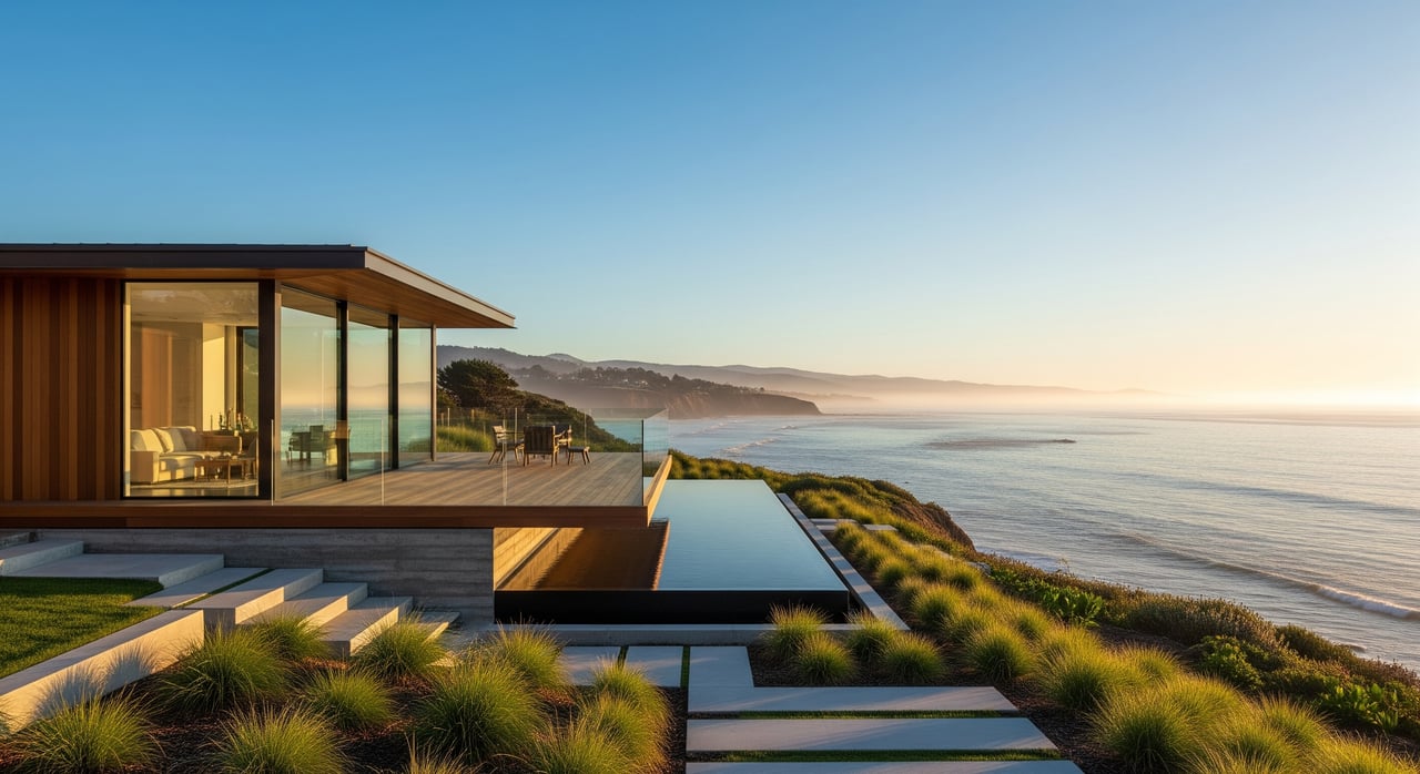 Modern glass-fronted house with an infinity pool above a grassy coastal bluff and ocean.